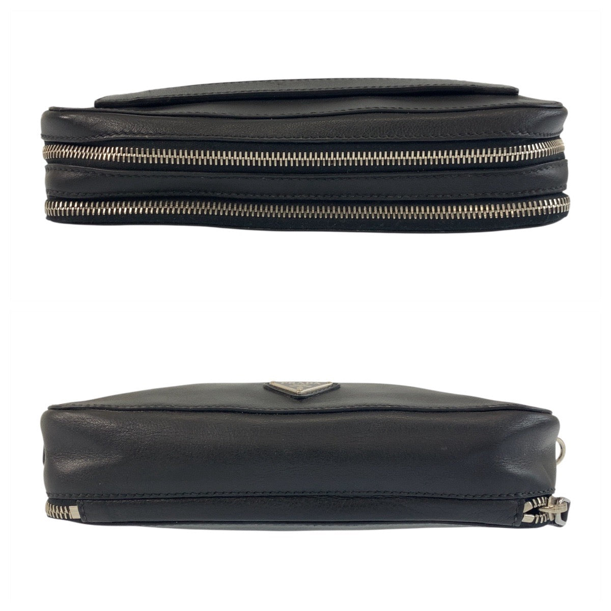PRADA Clutch bag leather Black SilverMetal Clutch bag business bag Triangle With logo mens Used Authentic