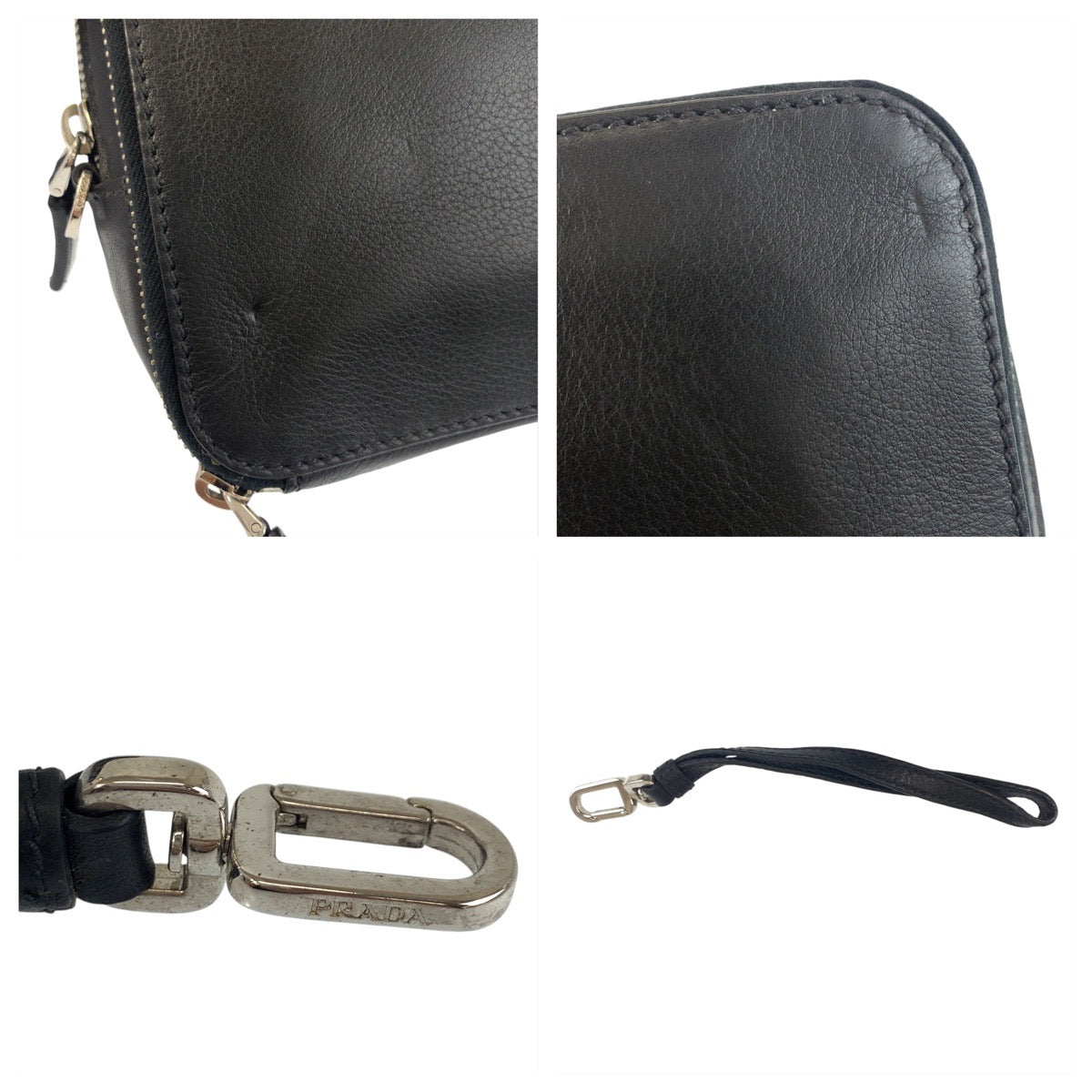 PRADA Clutch bag leather Black SilverMetal Clutch bag business bag Triangle With logo mens Used Authentic