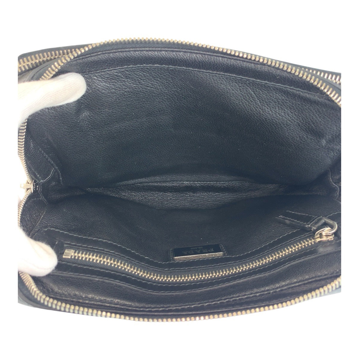 PRADA Clutch bag leather Black SilverMetal Clutch bag business bag Triangle With logo mens Used Authentic