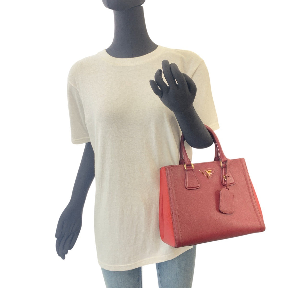 PRADA Handbag leather Red Wine Red Gold Metal Handbag Tote Bag Shoulder Bag 2WAY Safiano Triangle With logo Women Used Authentic
