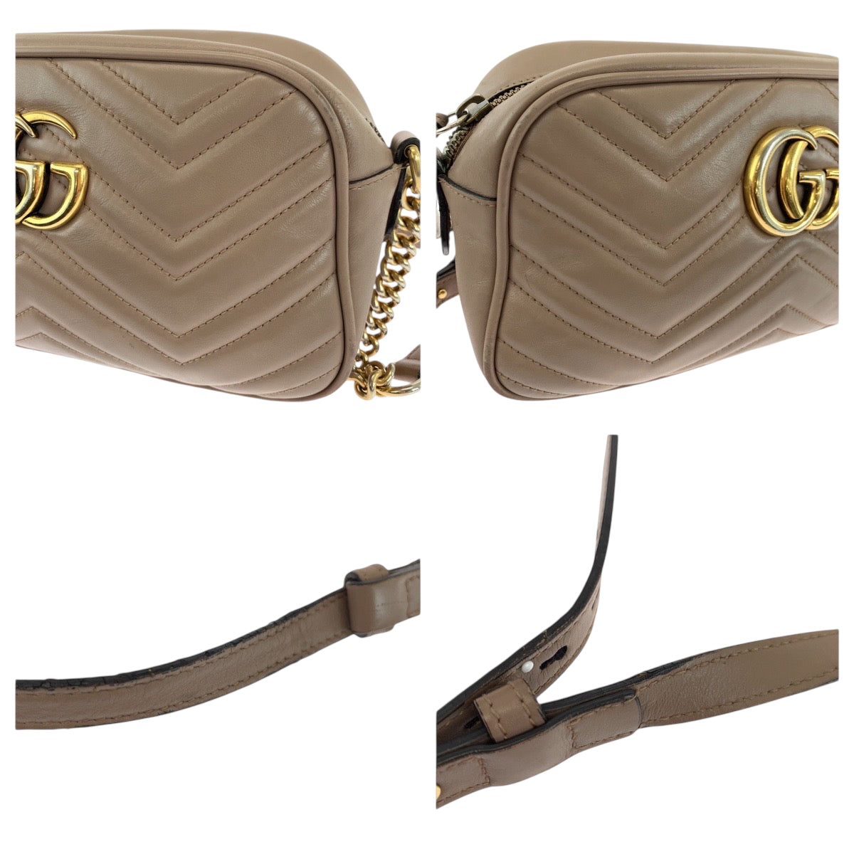 GUCCI Shoulder Bag 447632 leather Beige Gold Metal quilting GG Marmont
