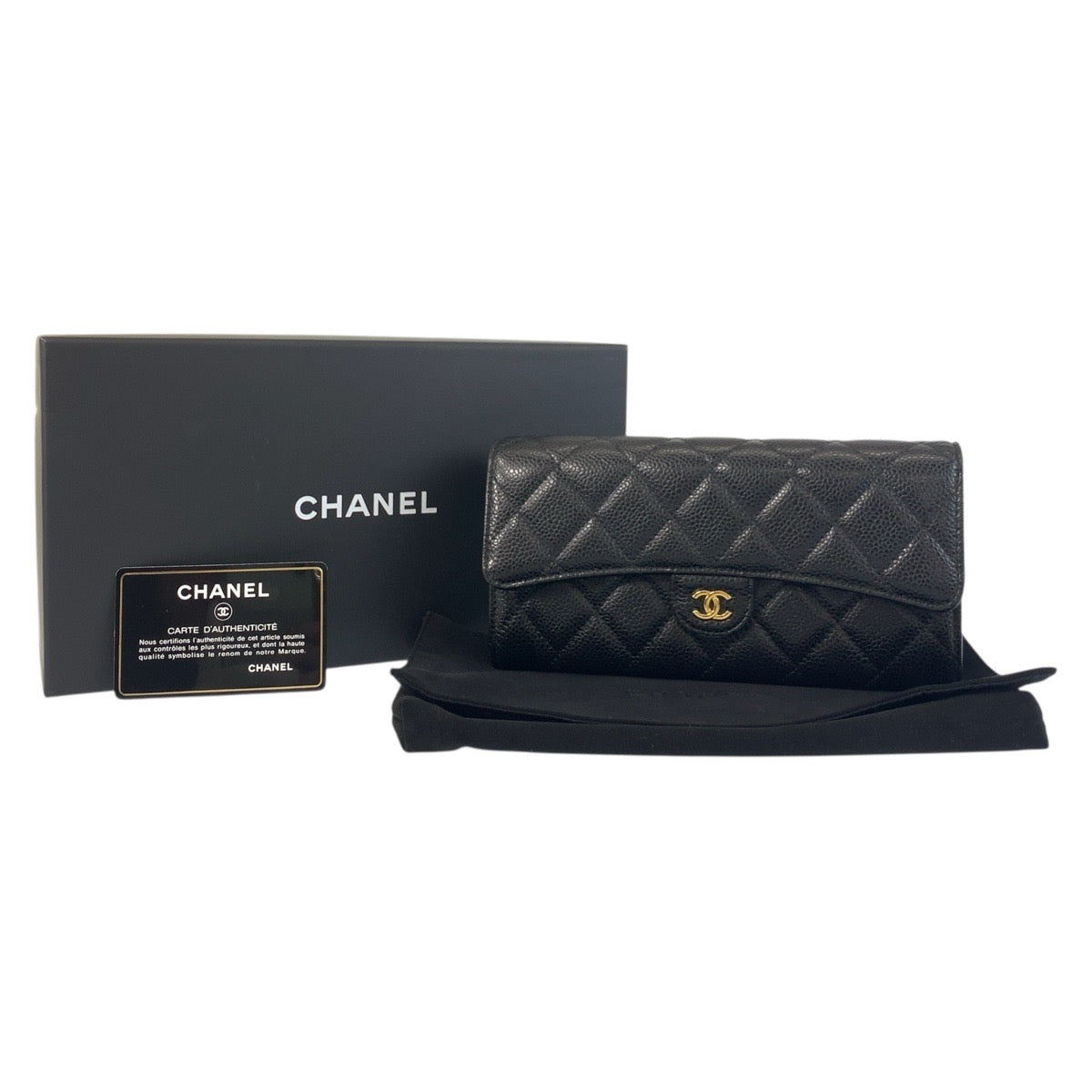 CHANEL Long Wallet Purse Caviar skin Black GoldMetal Long Wallet Purse Matrasse COCO Mark Women Used Authentic