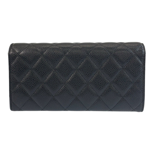 CHANEL Long Wallet Purse Caviar skin Black GoldMetal Long Wallet Purse Matrasse COCO Mark Women Used Authentic
