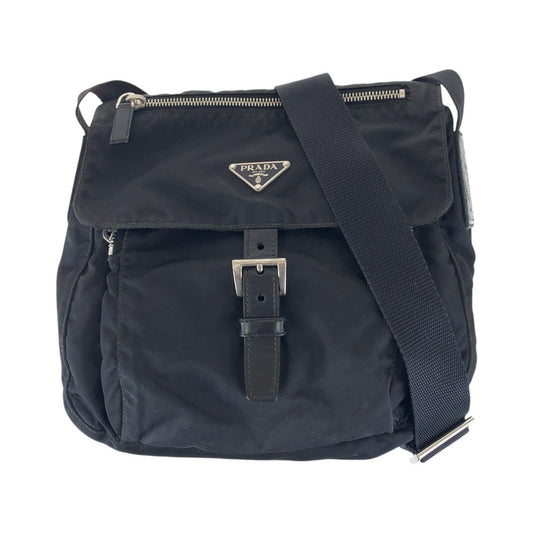 PRADA Shoulder Bag Nylon, Leather Black SilverMetal Shoulder Bag pochette Test Triangle With logo Women Used Authentic