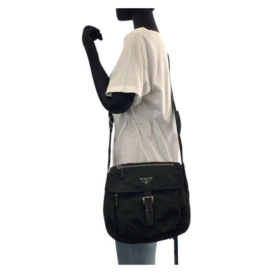 PRADA Shoulder Bag Nylon, Leather Black SilverMetal Shoulder Bag pochette Test Triangle With logo Women Used Authentic