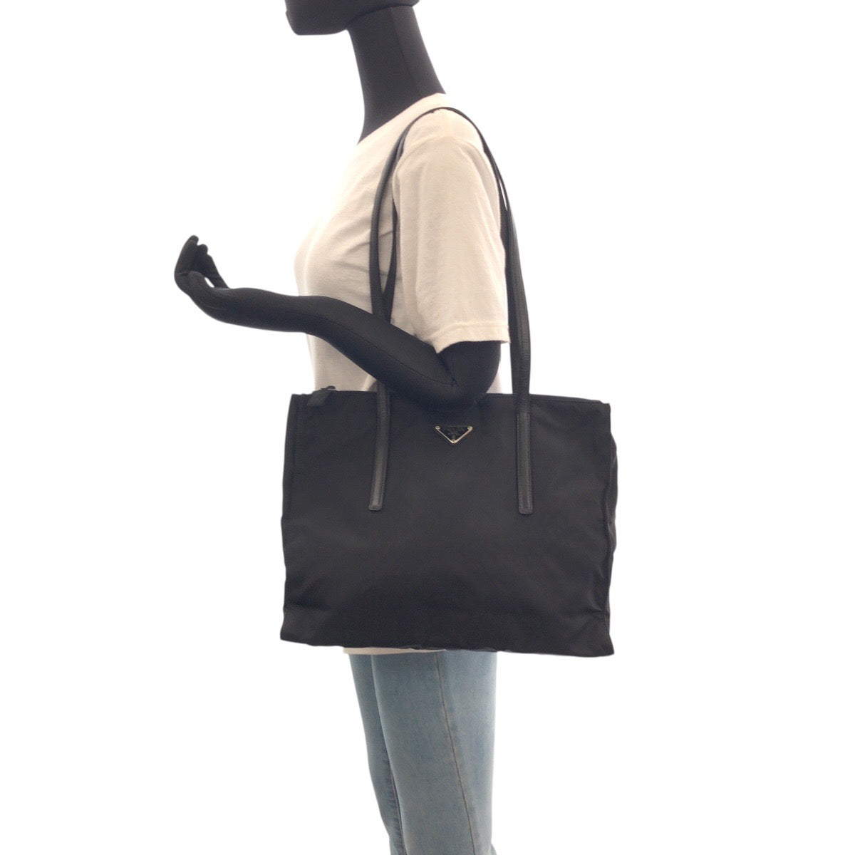 PRADA Shoulder Bag Nylon Black SilverMetal Shoulder Bag Tote Bag Test Triangle With logo Women Used Authentic