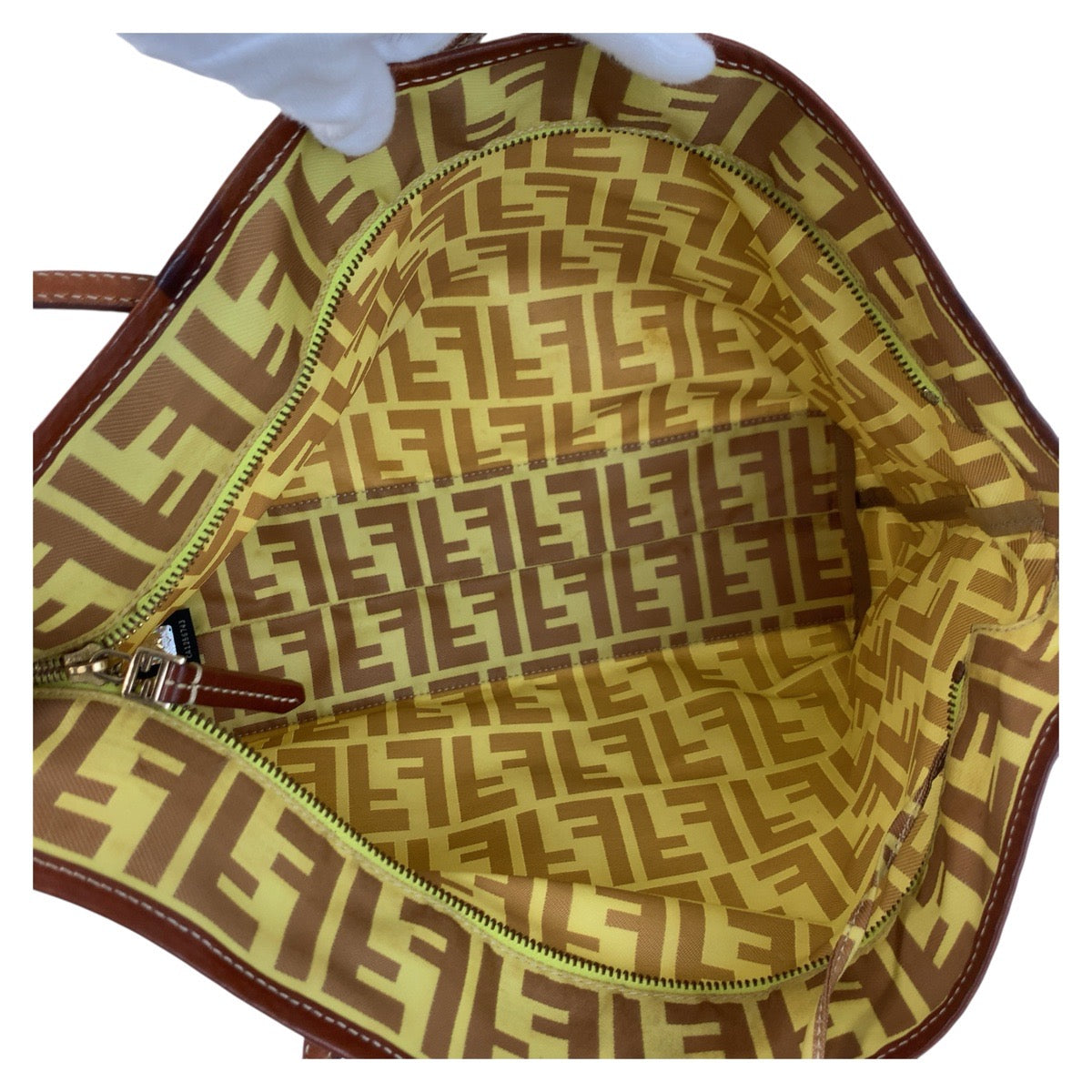 FENDI Tote Bag 8BH198 Nylon, Leather Yellow brown Tote Bag Shoulder Bag Zucca Women Used Authentic