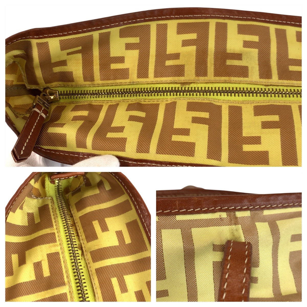 FENDI Tote Bag 8BH198 Nylon, Leather Yellow brown Tote Bag Shoulder Bag Zucca Women Used Authentic