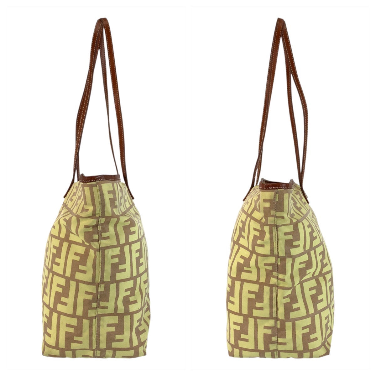 FENDI Tote Bag 8BH198 Nylon, Leather Yellow brown Tote Bag Shoulder Bag Zucca Women Used Authentic