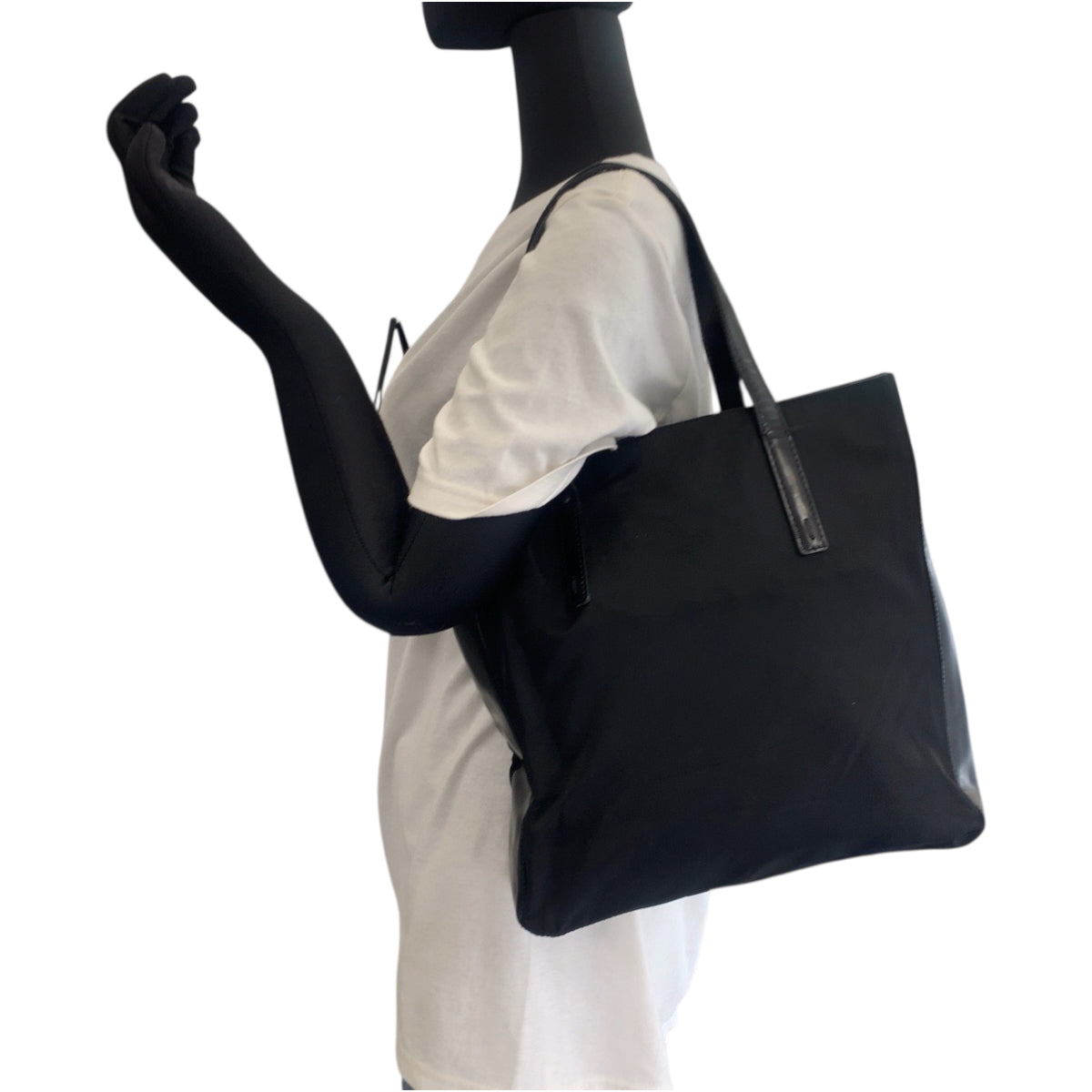 PRADA Tote Bag Nylon, Patent Leather Black SilverMetal Tote Bag Shoulder Bag Test logo Women Used Authentic