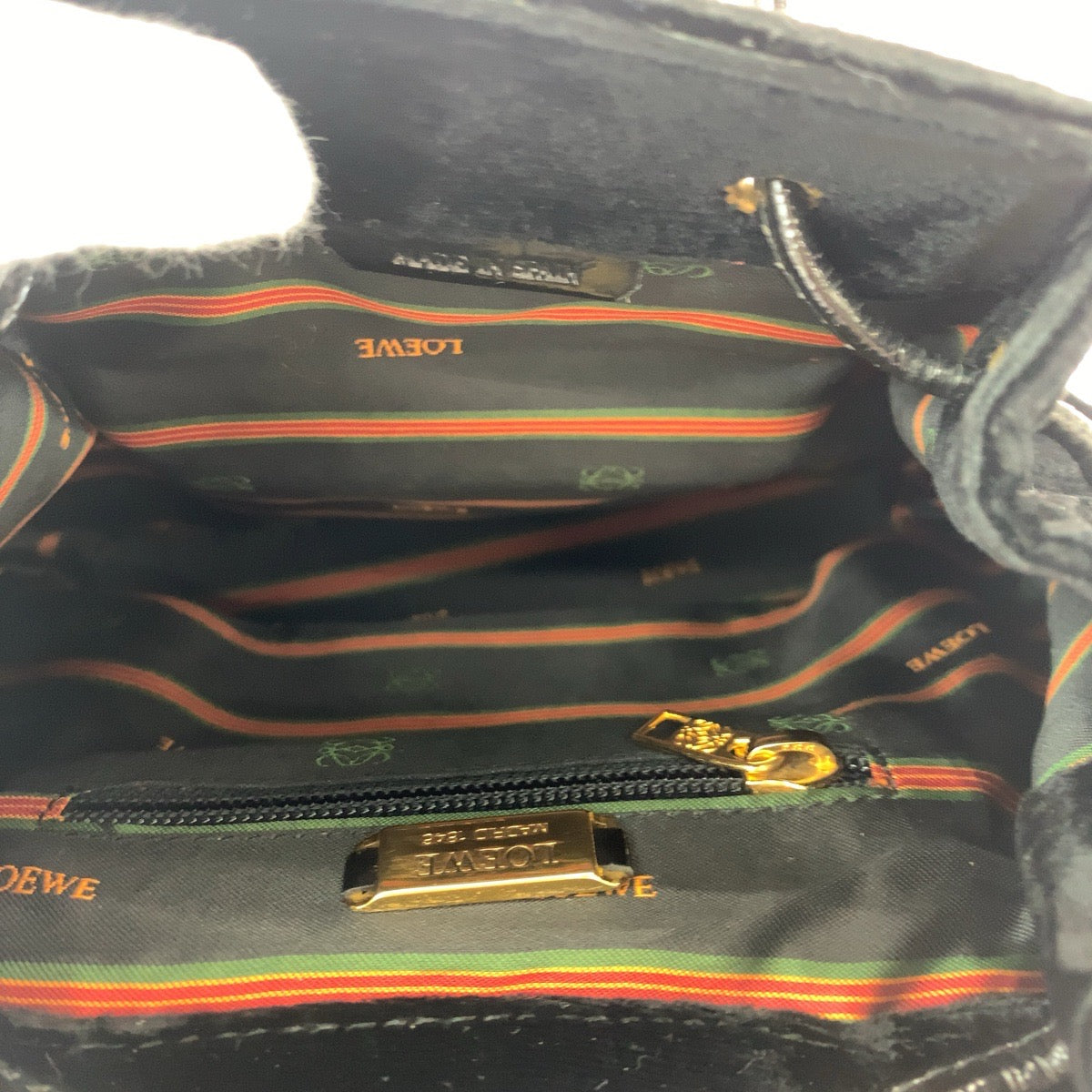 LOEWE Backpack Patent Leather, Suede Black Gold Metal Backpack Backpack Velazquez logo Women Used Authentic