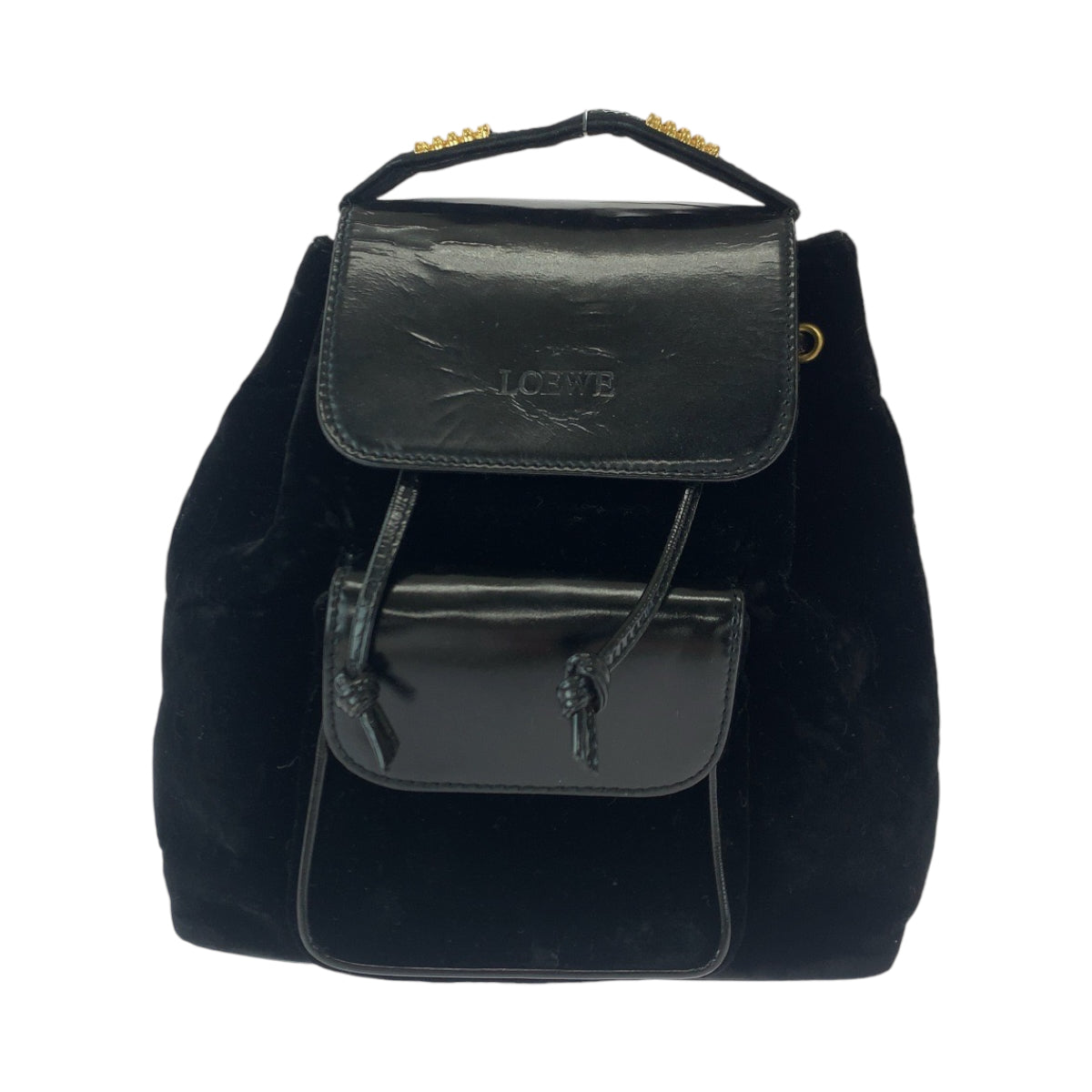 LOEWE Backpack Patent Leather, Suede Black Gold Metal Backpack Backpack Velazquez logo Women Used Authentic