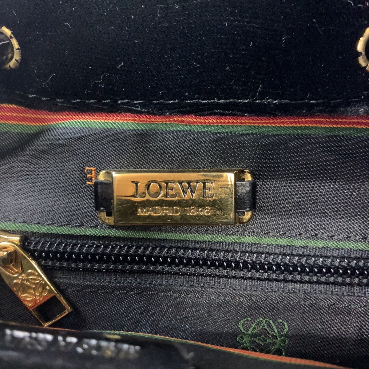 LOEWE Backpack Patent Leather, Suede Black Gold Metal Backpack Backpack Velazquez logo Women Used Authentic