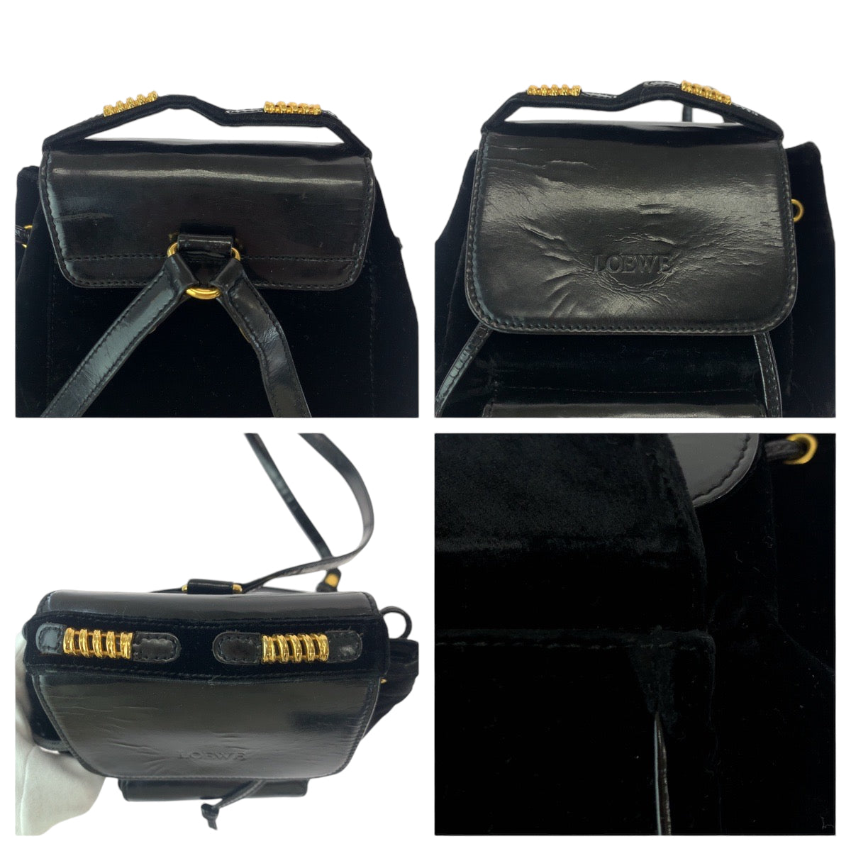 LOEWE Backpack Patent Leather, Suede Black Gold Metal Backpack Backpack Velazquez logo Women Used Authentic