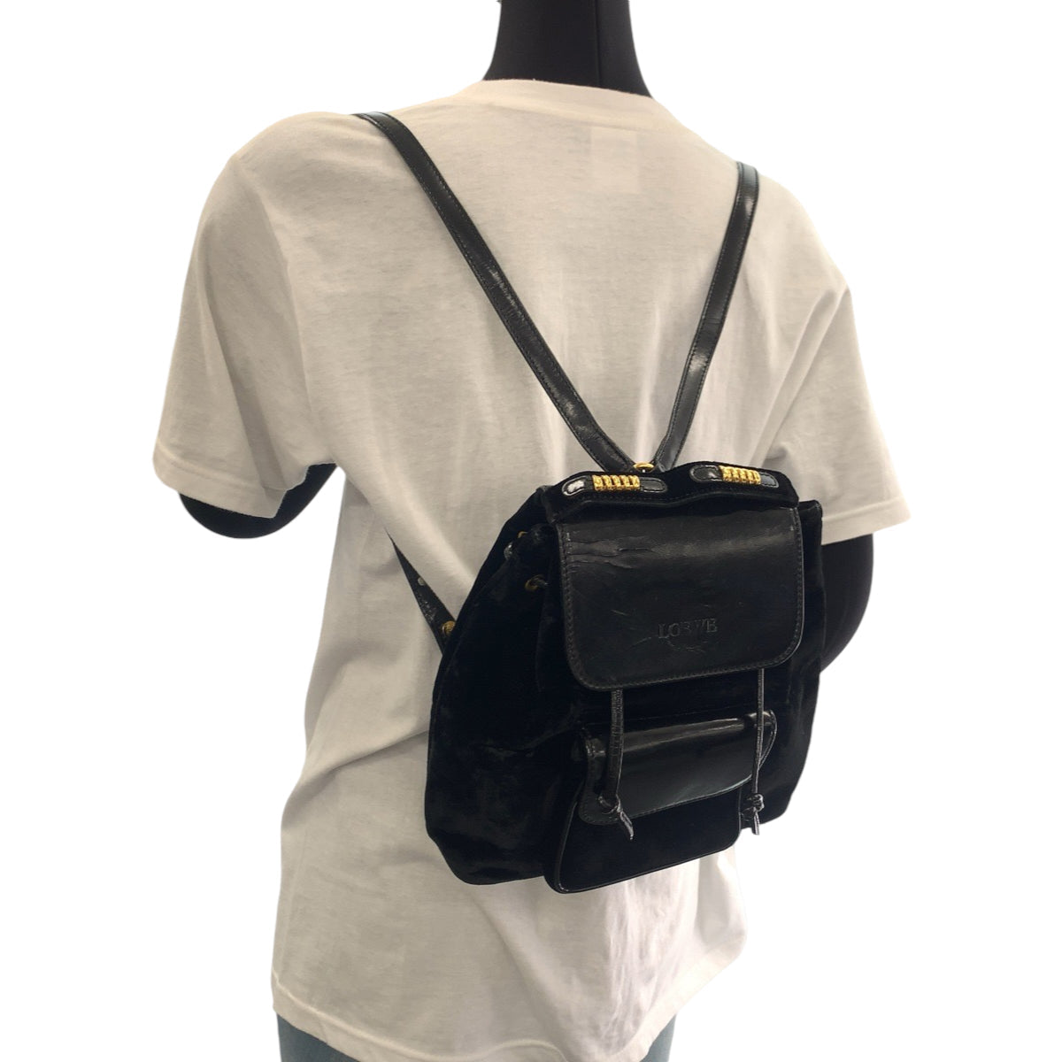 LOEWE Backpack Patent Leather, Suede Black Gold Metal Backpack Backpack Velazquez logo Women Used Authentic