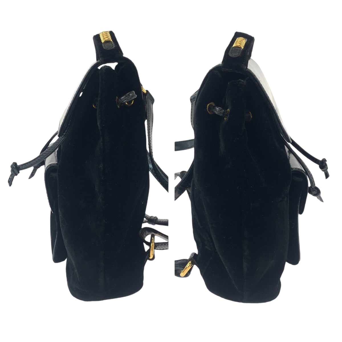 LOEWE Backpack Patent Leather, Suede Black Gold Metal Backpack Backpack Velazquez logo Women Used Authentic