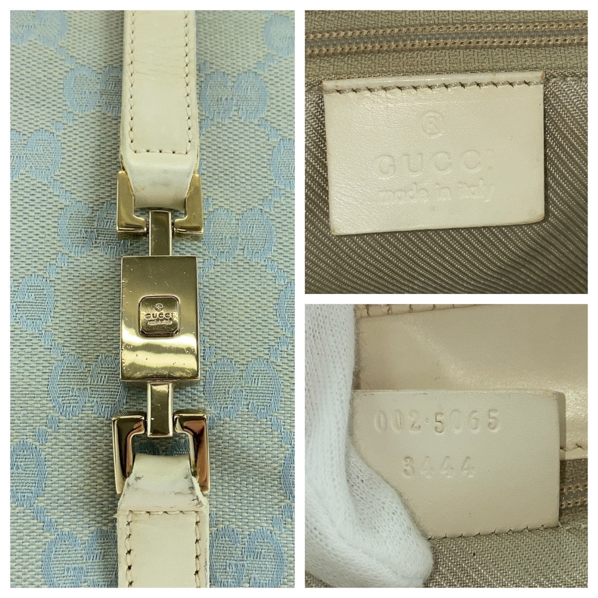 GUCCI Tote Bag 002 5065 GG canvas, leather Light blue Handbag Jackie Women Used Authentic
