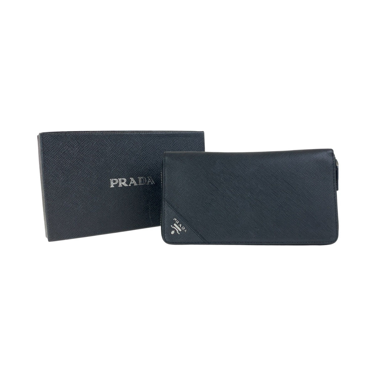 PRADA Long Wallet Purse leather Black SilverMetal Long Wallet Purse Zip Around Safiano Triangle With logo mens Used Authentic