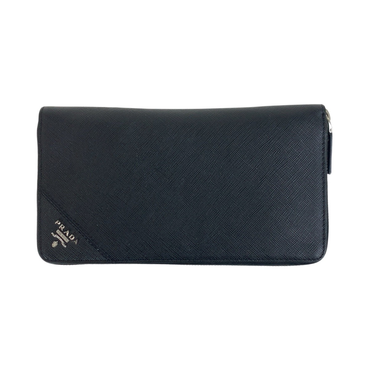 PRADA Long Wallet Purse leather Black SilverMetal Long Wallet Purse Zip Around Safiano Triangle With logo mens Used Authentic