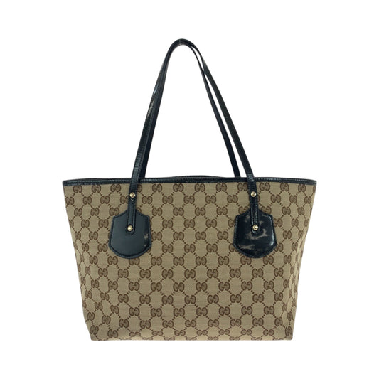 GUCCI Tote Bag 211976 GG canvas, patent leather Beige Black Gold Metal Tote Bag Shoulder Bag Women Used Authentic