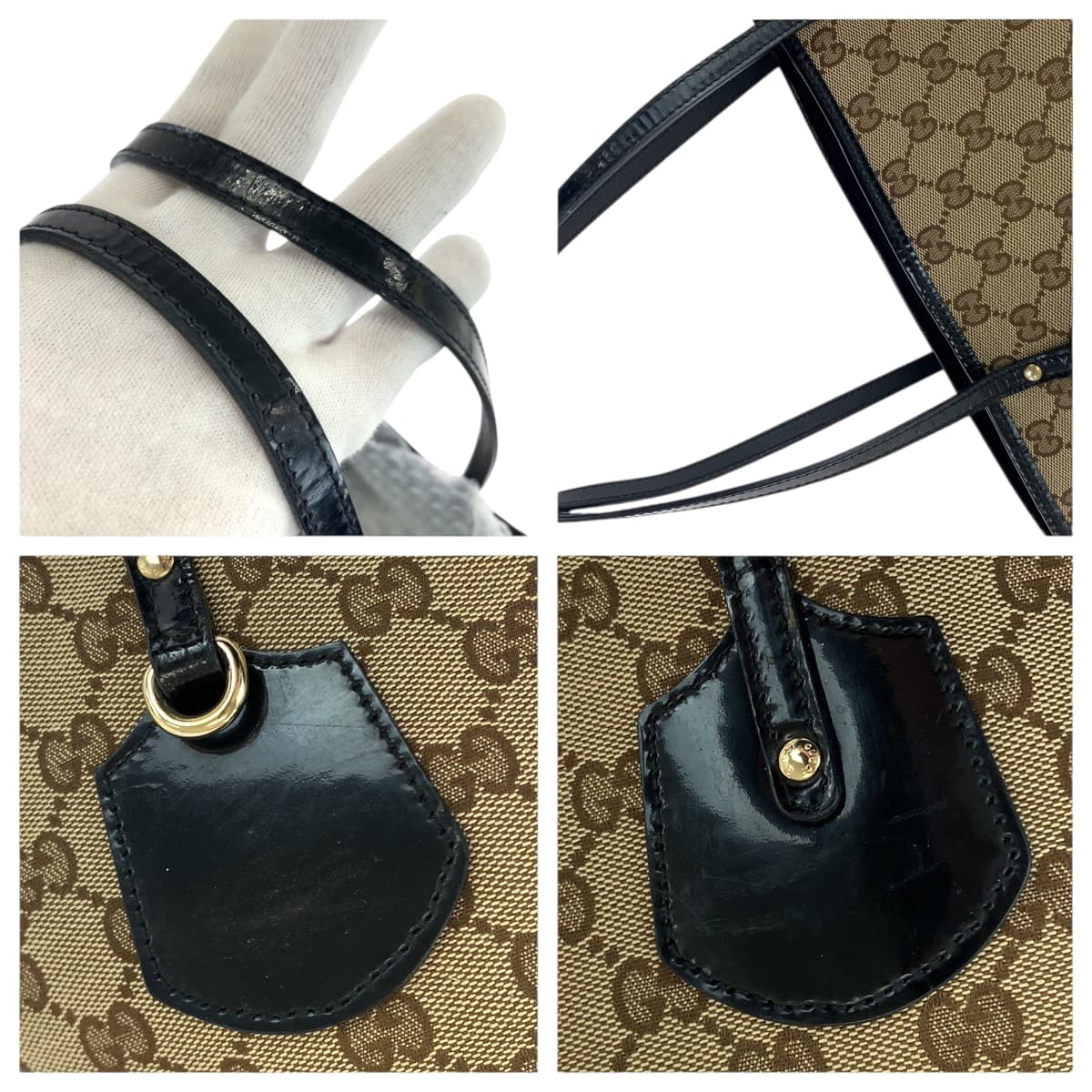 GUCCI Tote Bag 211976 GG canvas, patent leather Beige Black Gold Metal Tote Bag Shoulder Bag Women Used Authentic