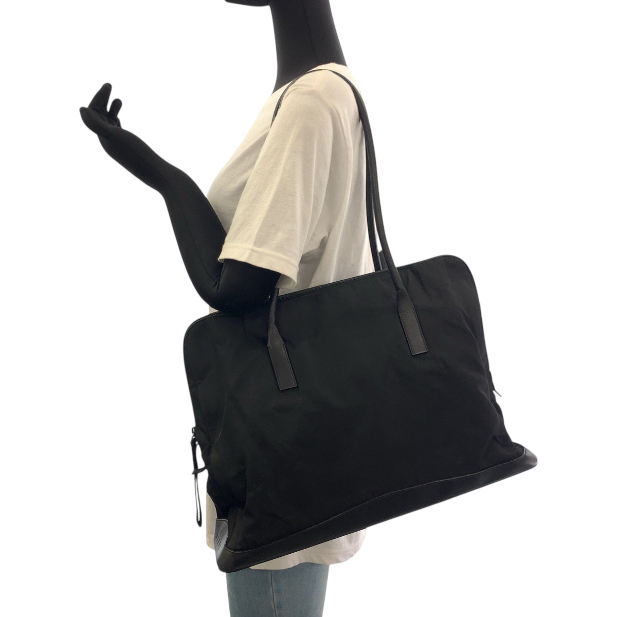 PRADA Tote Bag Nylon, Leather Black SilverMetal Tote Bag Shoulder Bag Test logo Women Used Authentic