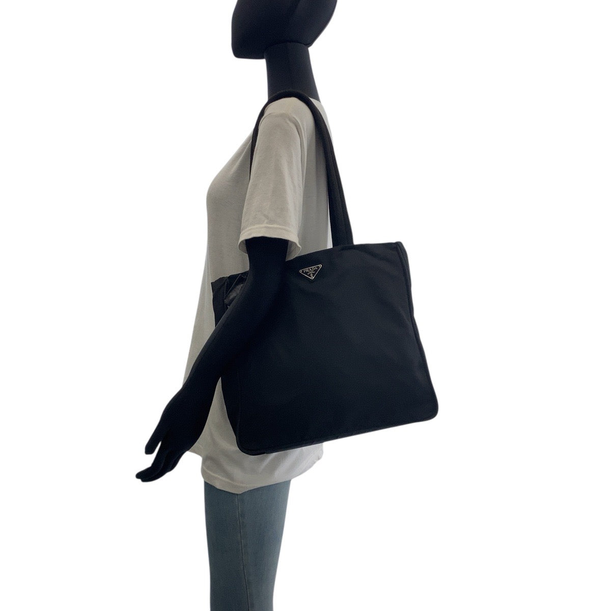 PRADA Tote Bag Nylon, Leather black Tote Bag Shoulder Bag Test Triangle With logo Women Used Authentic