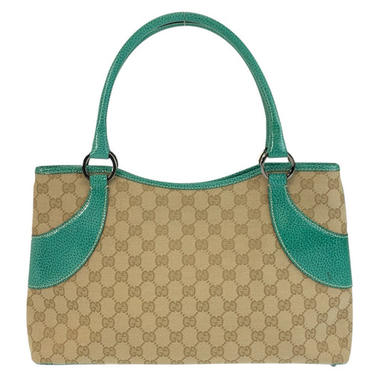 GUCCI Tote Bag 113015 GG canvas, leather Beige Green SilverMetal Tote Bag Shoulder Bag Women Used Authentic