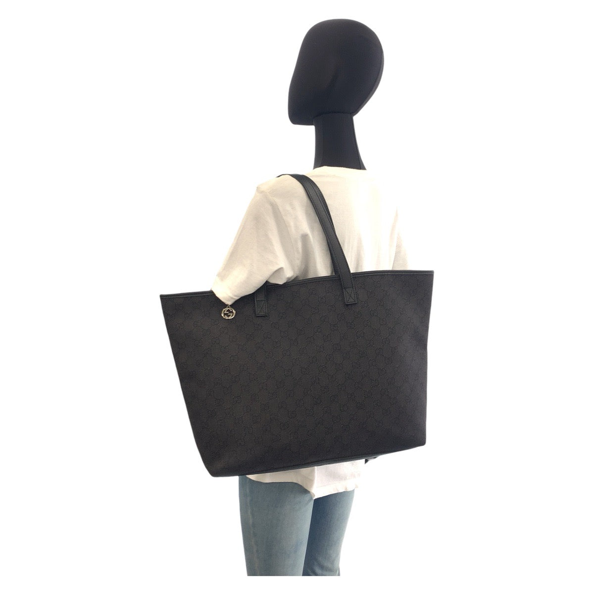 GUCCI Tote Bag 211525 GG canvas, leather black Tote Bag Shoulder Bag Interlocking Women Used Authentic
