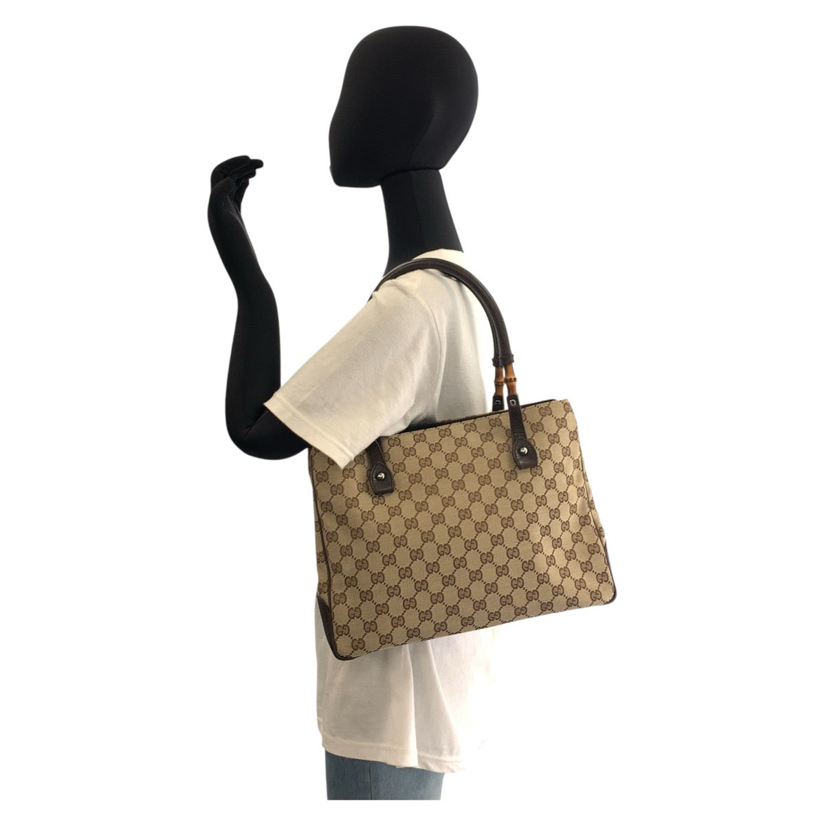 GUCCI Tote Bag 112526 GG canvas Beige Brown SilverMetal Tote Bag Shoulder Bag Bamboo Women Used Authentic
