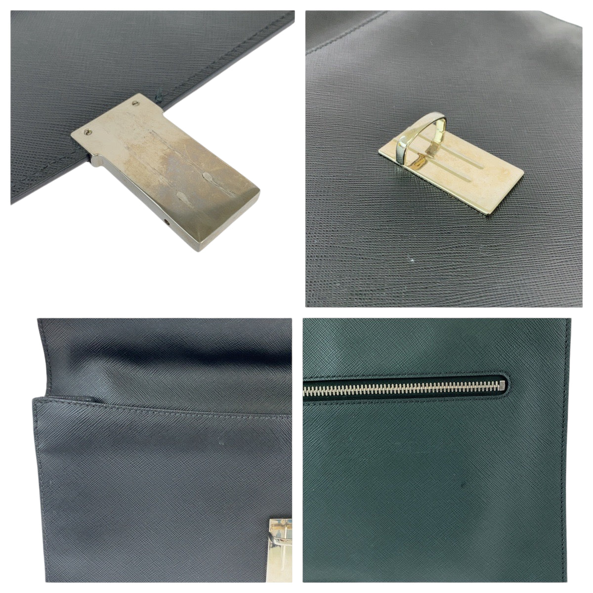 PRADA Clutch bag VR089M leather Bicolor Green Black Clutch bag Business bag Document case Safiano Triangle With logo mens Used Authentic