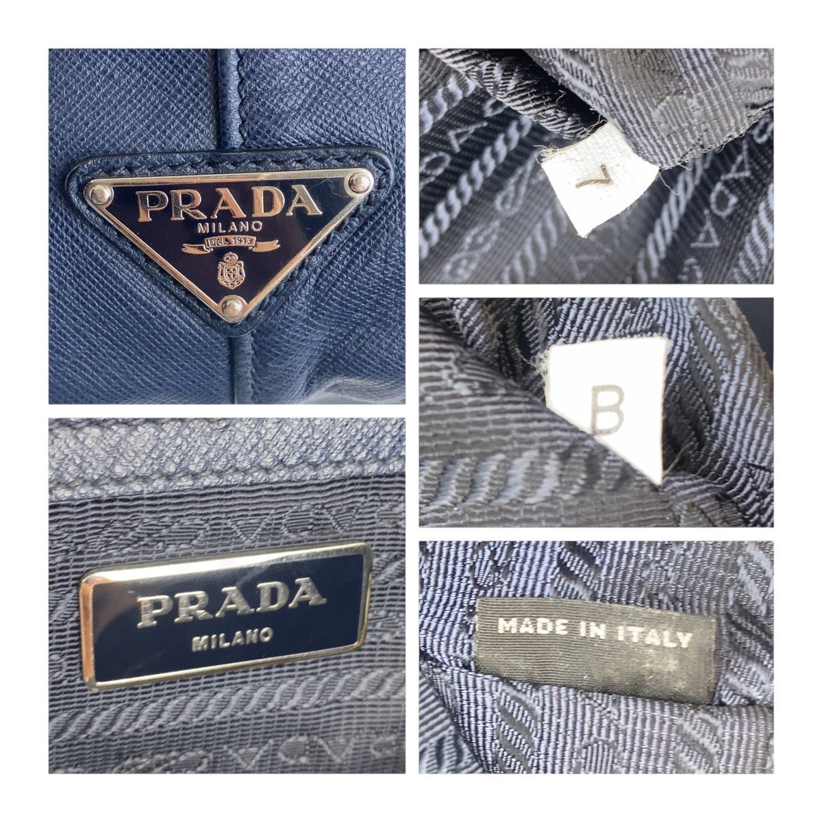 PRADA Tote Bag 7B leather Navy SilverMetal Tote Bag handbag Safiano Triangle With logo mens Used Authentic