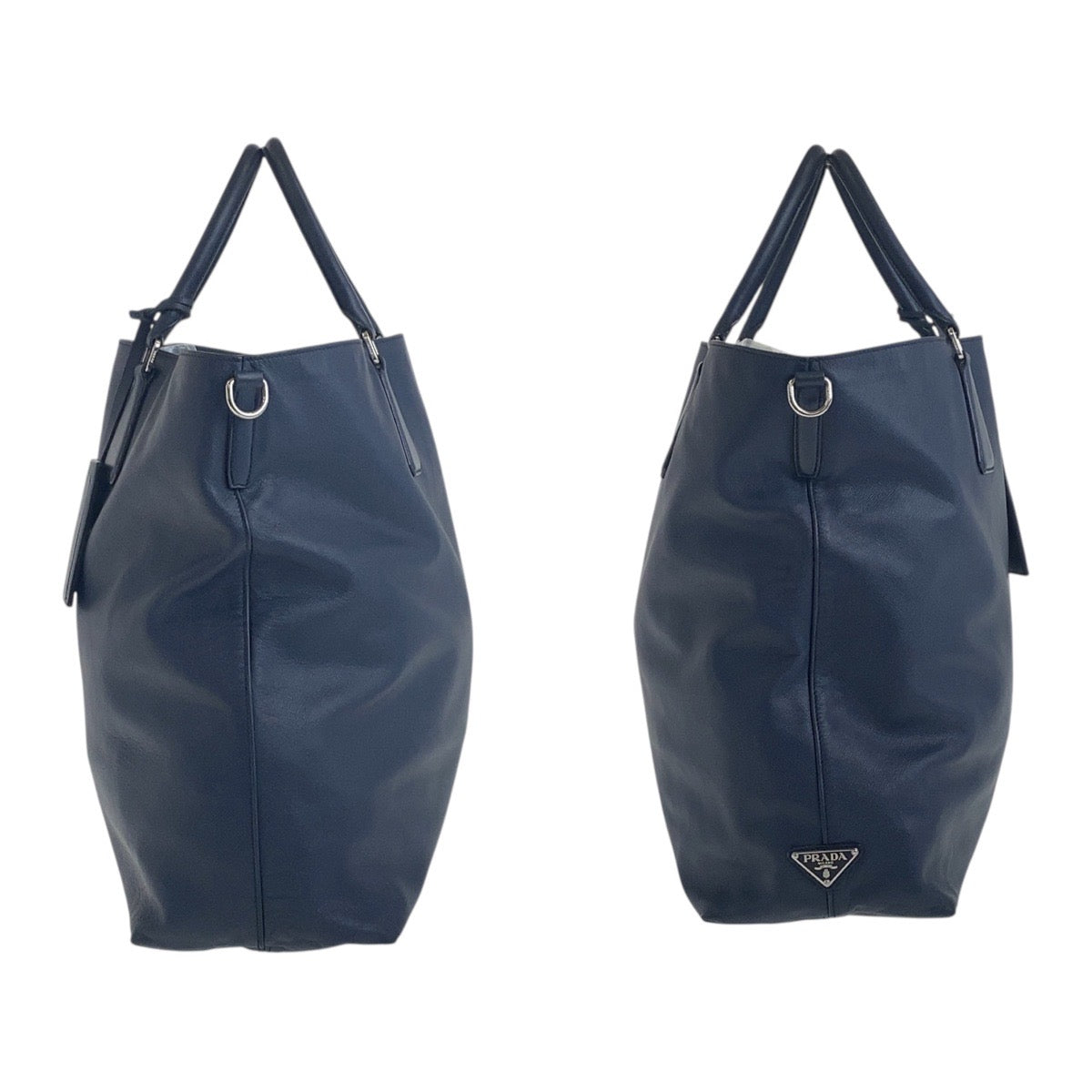 PRADA Tote Bag 7B leather Navy SilverMetal Tote Bag handbag Safiano Triangle With logo mens Used Authentic