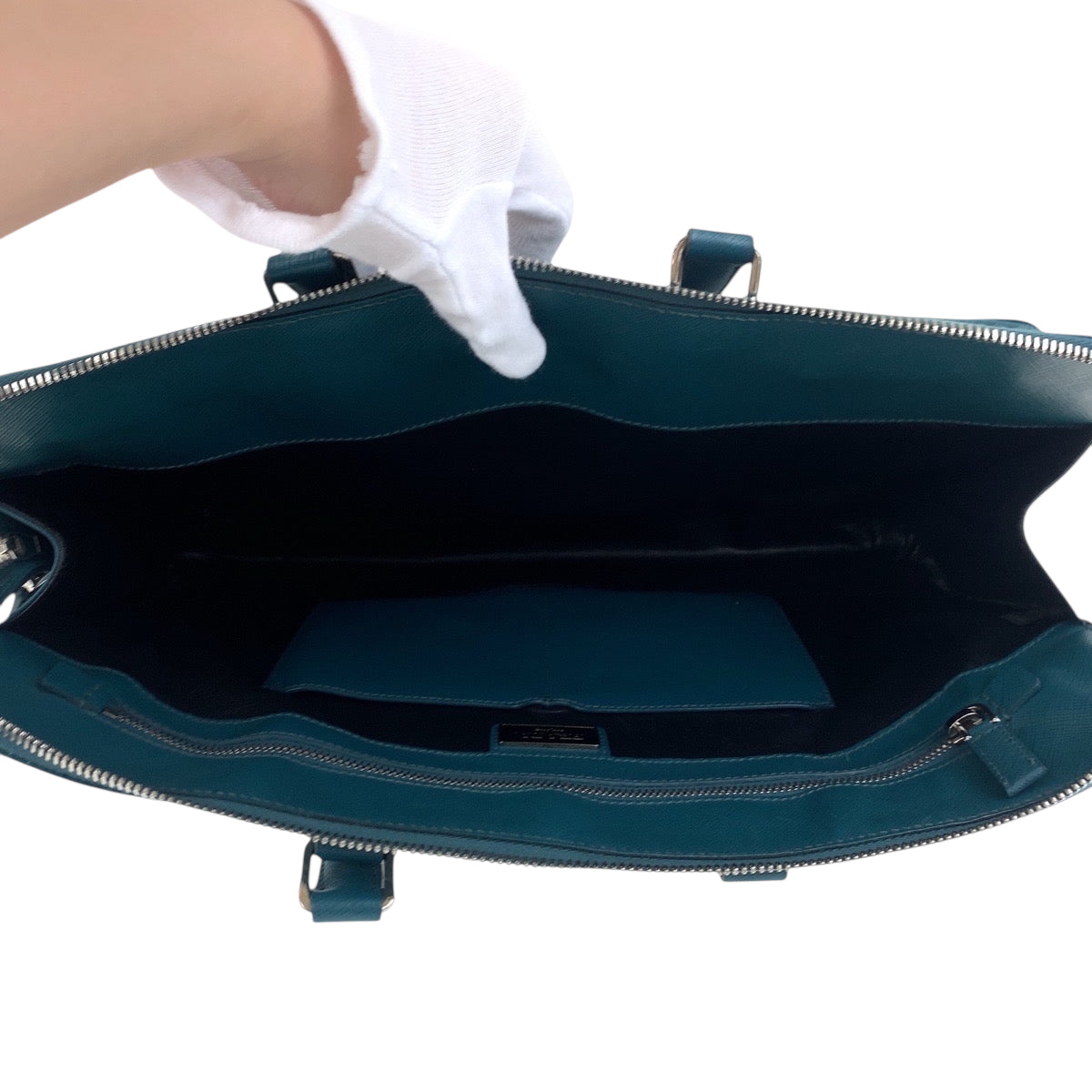 PRADA Business bag leather Green SilverMetal Safiano Triangle With logo