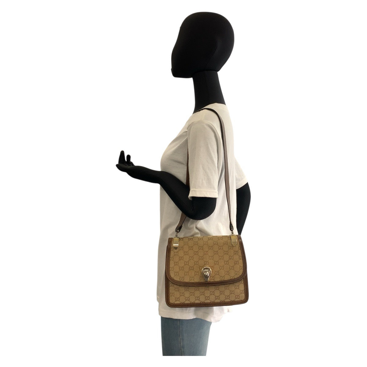 GUCCI Shoulder Bag GG canvas, leather Beige brown Old Gucci Women Used Authentic