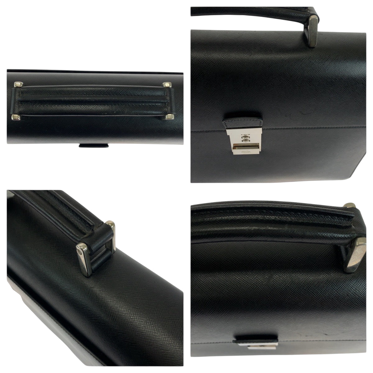 PRADA Business bag leather Black SilverMetal Business bag handbag Safiano logo mens Used Authentic