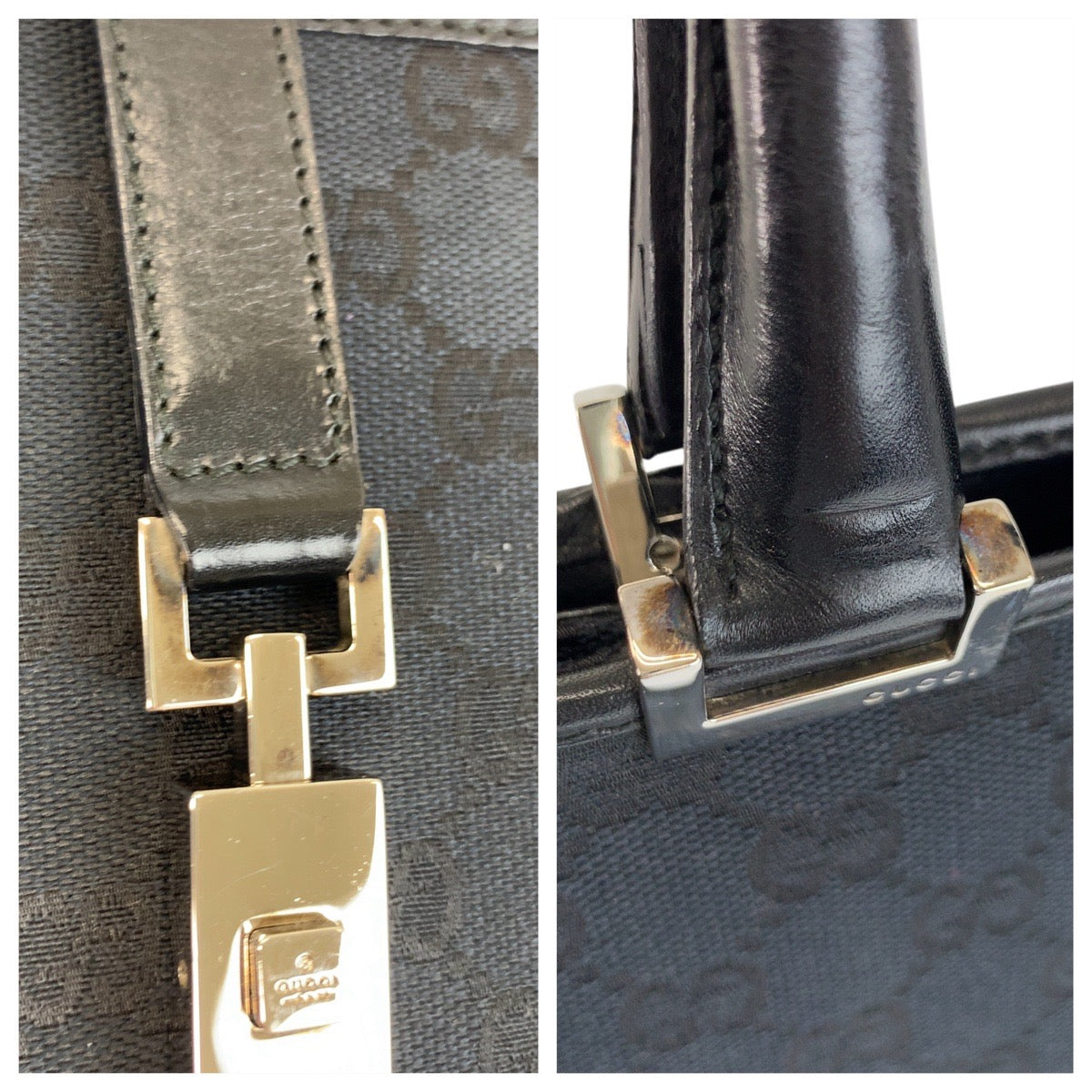 GUCCI Tote Bag 002 1064 GG canvas, leather Black SilverMetal Tote Bag handbag Jackie Women Used Authentic