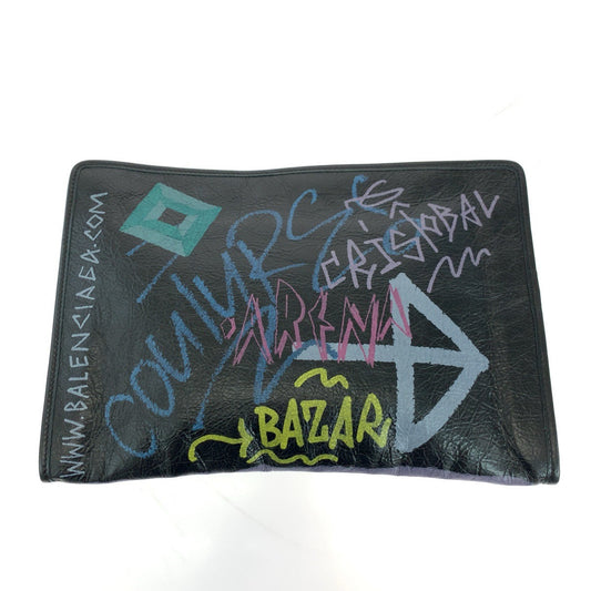 BALENCIAGA Clutch bag 443658 1060 leather black Clutch bag business bag graffiti print Women Used Authentic