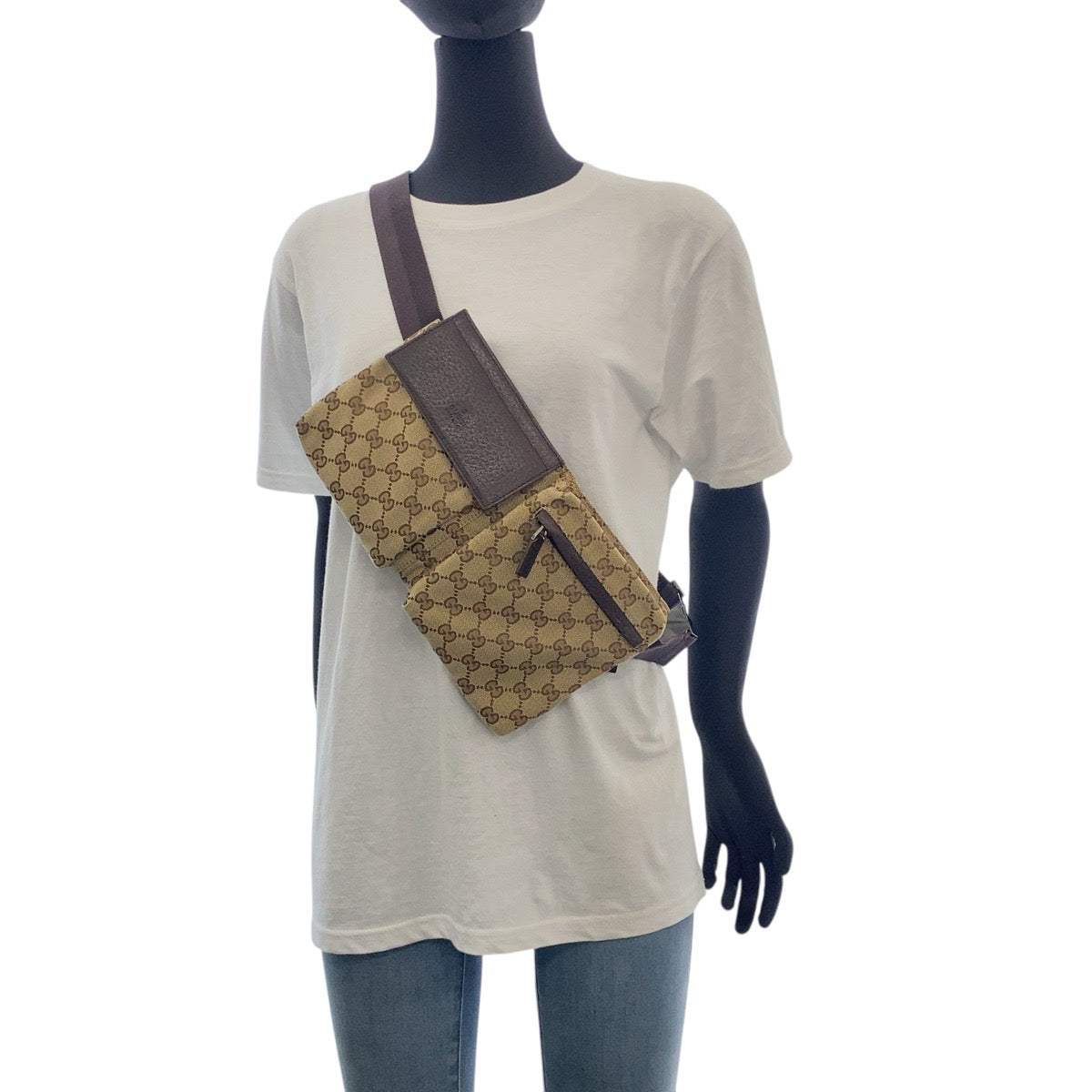 GUCCI Sling bag 28566 GG canvas, leather Beige Brown SilverMetal Sling bag waist pouch unisex mens Used Authentic