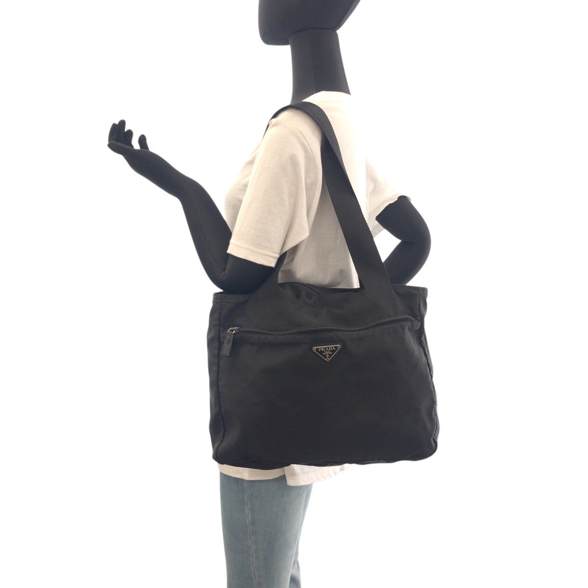 PRADA Shoulder Bag Nylon Black SilverMetal Test Triangle With logo Women Used Authentic