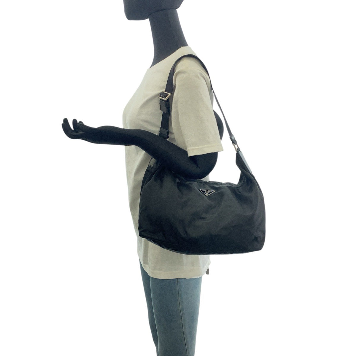 PRADA Shoulder Bag Nylon Black SilverMetal Test Triangle With logo Women Used Authentic