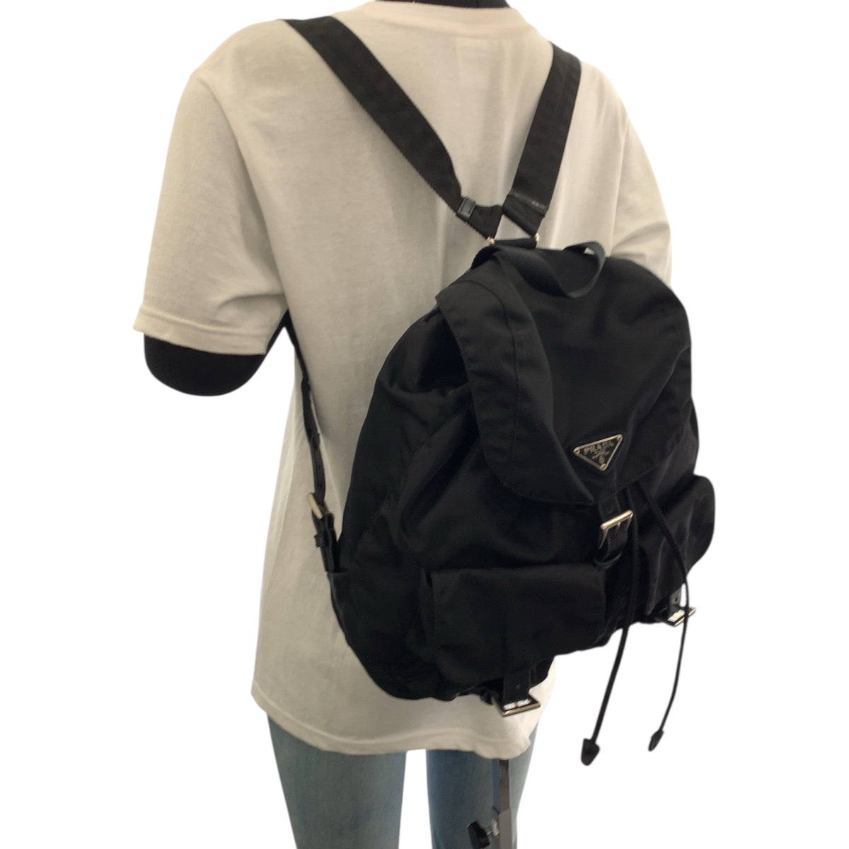 PRADA Backpack Nylon Black SilverMetal Backpack Backpack Test Triangle With logo Women Used Authentic