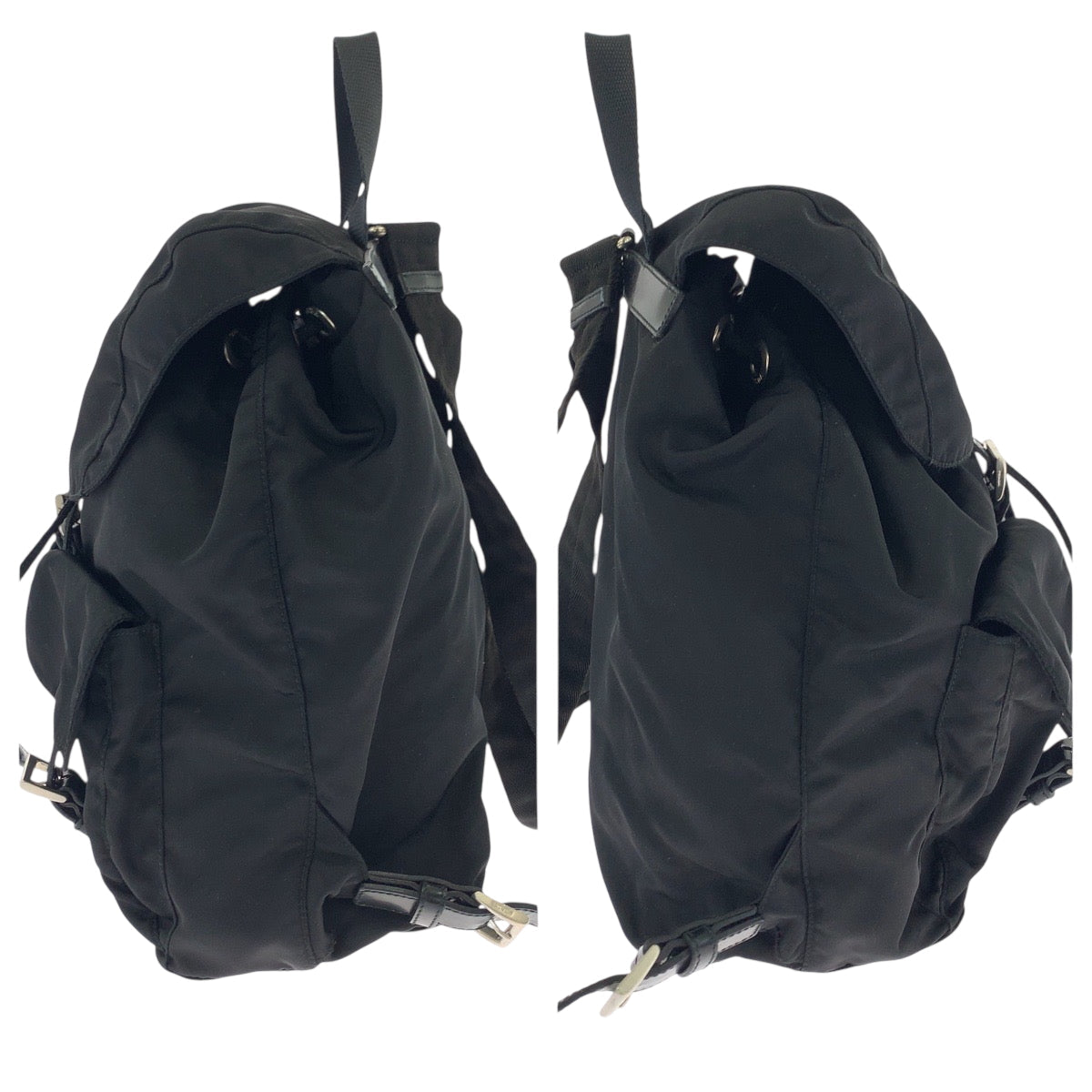 PRADA Backpack Nylon Black SilverMetal Backpack Backpack Test Triangle With logo Women Used Authentic