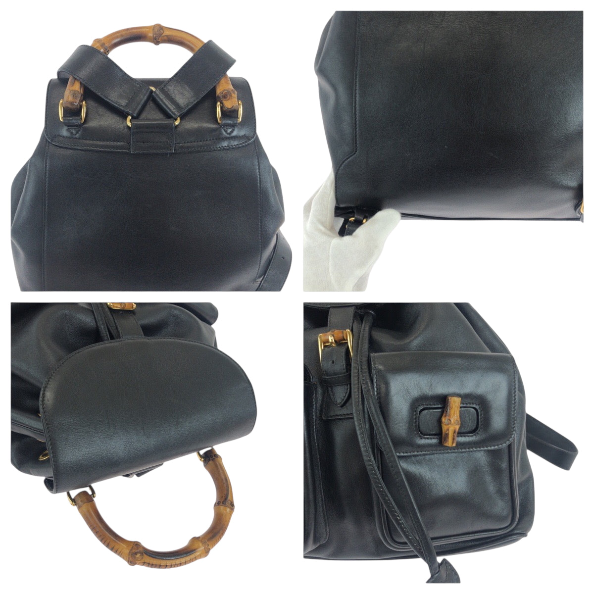 GUCCI Backpack 003 1119 0016 leather Black GoldMetal Backpack Backpack Bamboo Women Used Authentic