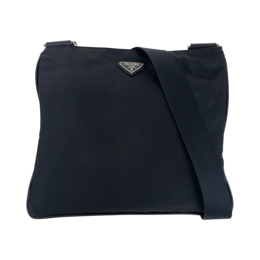 PRADA Shoulder Bag Nylon, Leather Black SilverMetal Shoulder Bag pochette Testo Saffiano Triangle With logo Women Used Authentic
