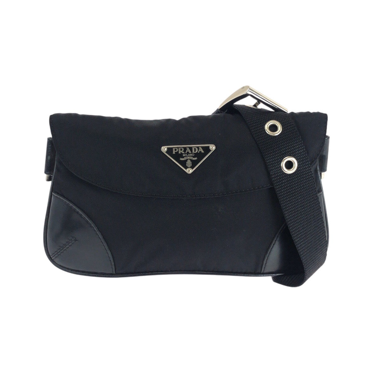 PRADA Waist bag Nylon, Leather Black SilverMetal Sling bag Test Triangle With logo Women Used Authentic