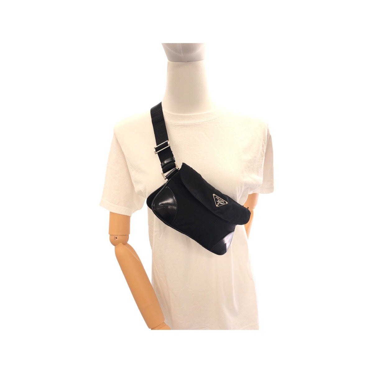 PRADA Waist bag Nylon, Leather Black SilverMetal Sling bag Test Triangle With logo Women Used Authentic