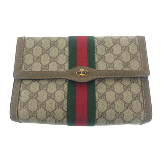 GUCCI Clutch bag 89 01 006 GG Supreme Canvas Beige Brown Gold Metal Old Gucci Shelly Line