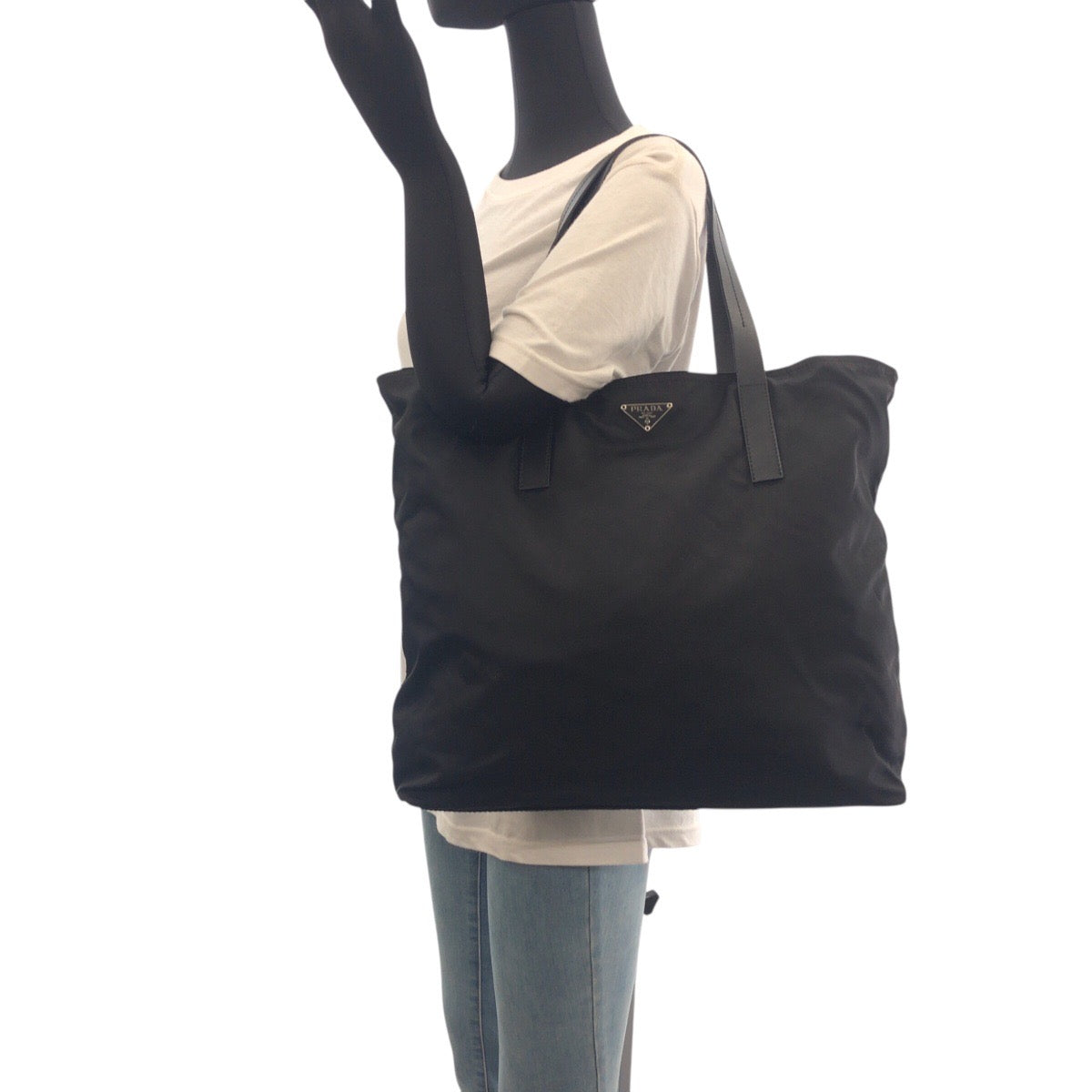 PRADA Tote Bag Nylon, Leather Black SilverMetal Tote Bag Shoulder Bag Test Triangle With logo Women Used Authentic