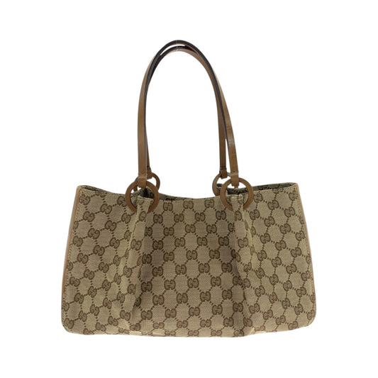 GUCCI Tote Bag 94898 GG canvas Beige Brown Gold Metal Tote Bag handbag Women Used Authentic
